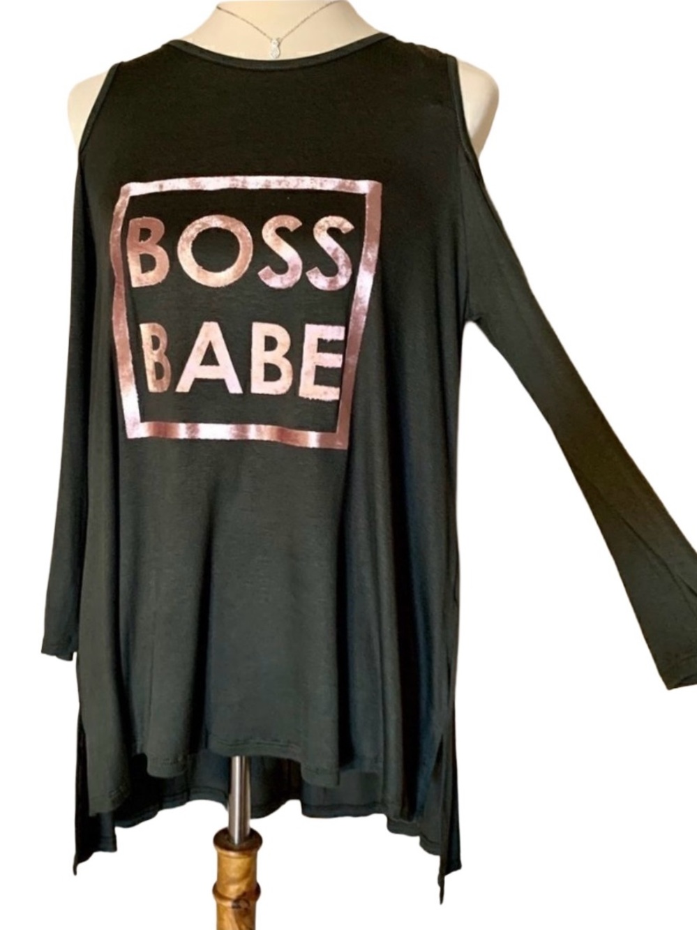 Boss Babe Rose Gold Velvet Graphic Cold Shoulder Hi-Low Top Medium NWOT